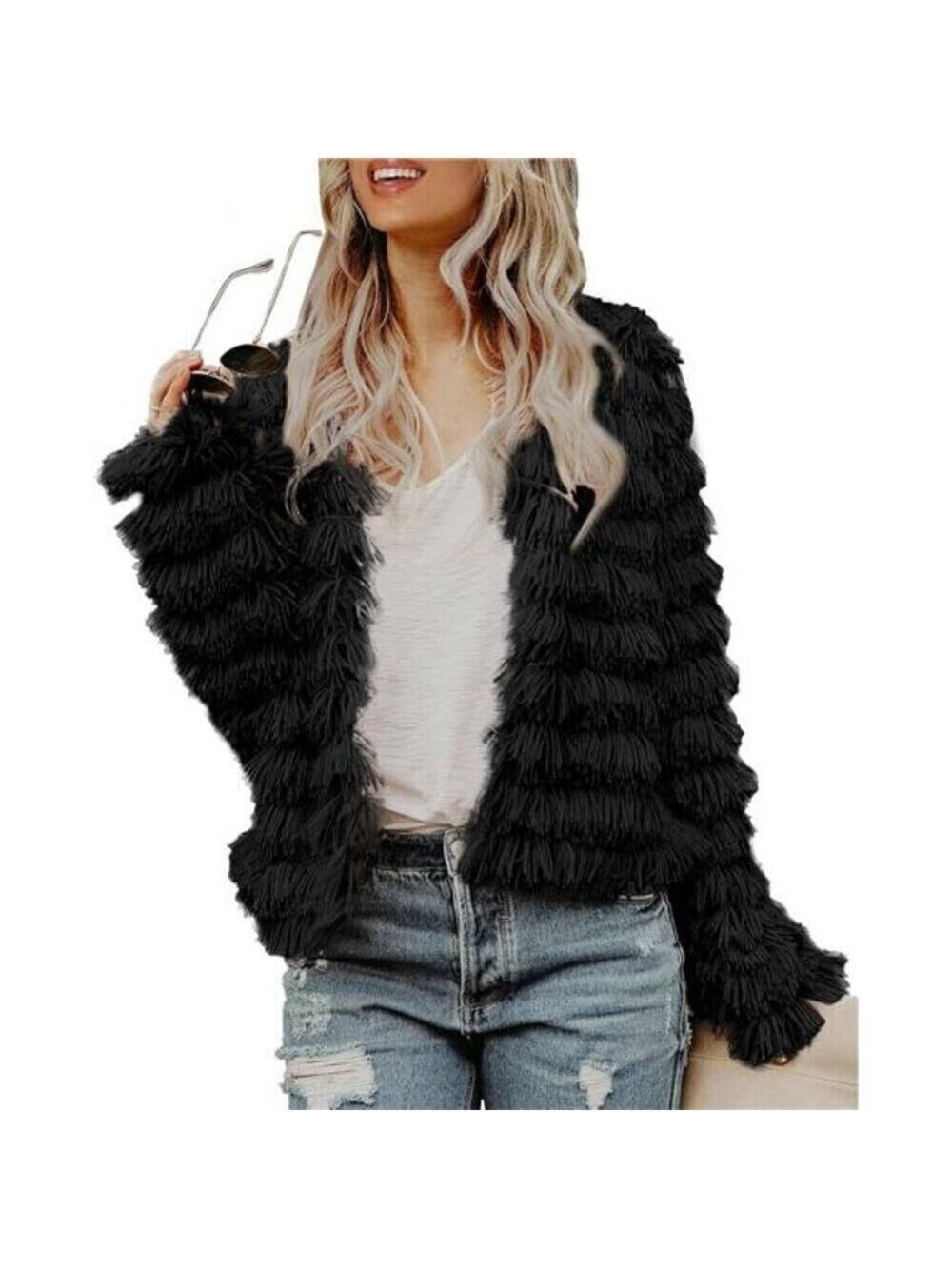 Women’s Open Front Faux Fur Cardigan Black Cozy Vintage Shaggy Fall Coat